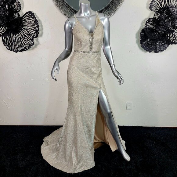 NWT~$490~SPLASH~10~CHAMPAGNE RHINESTONE SIDE SLIT MAXI EVENING GOWN PROM DRESS - Picture 1 of 16